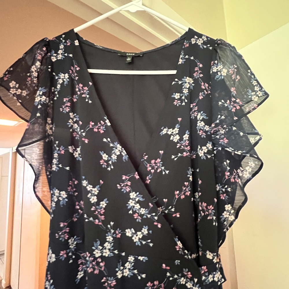 DREW Black Floral wrap Dress with Ruffle Sleeves wrap